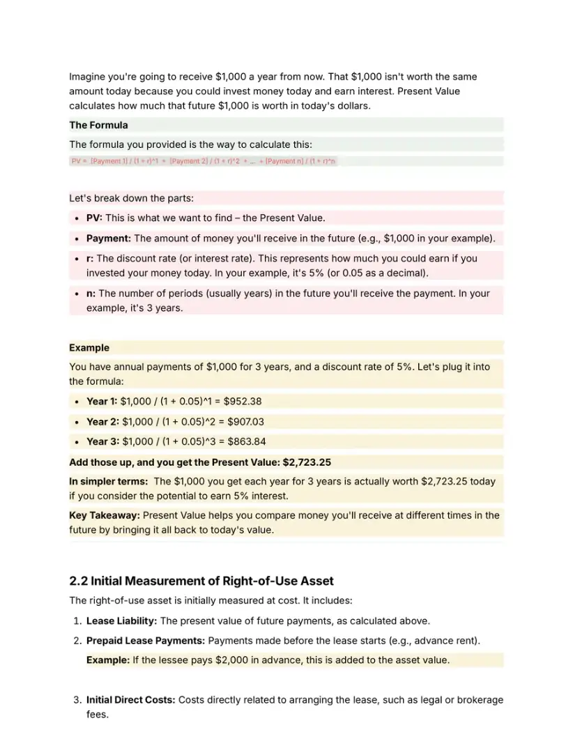 Notes page with a worked IFRS 16 lease present value calculation