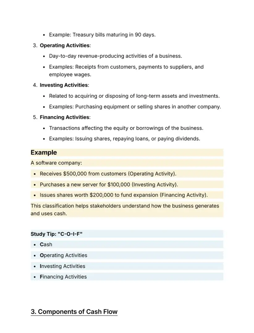 Notes page sorting cash flows into operating, investing and financing activities