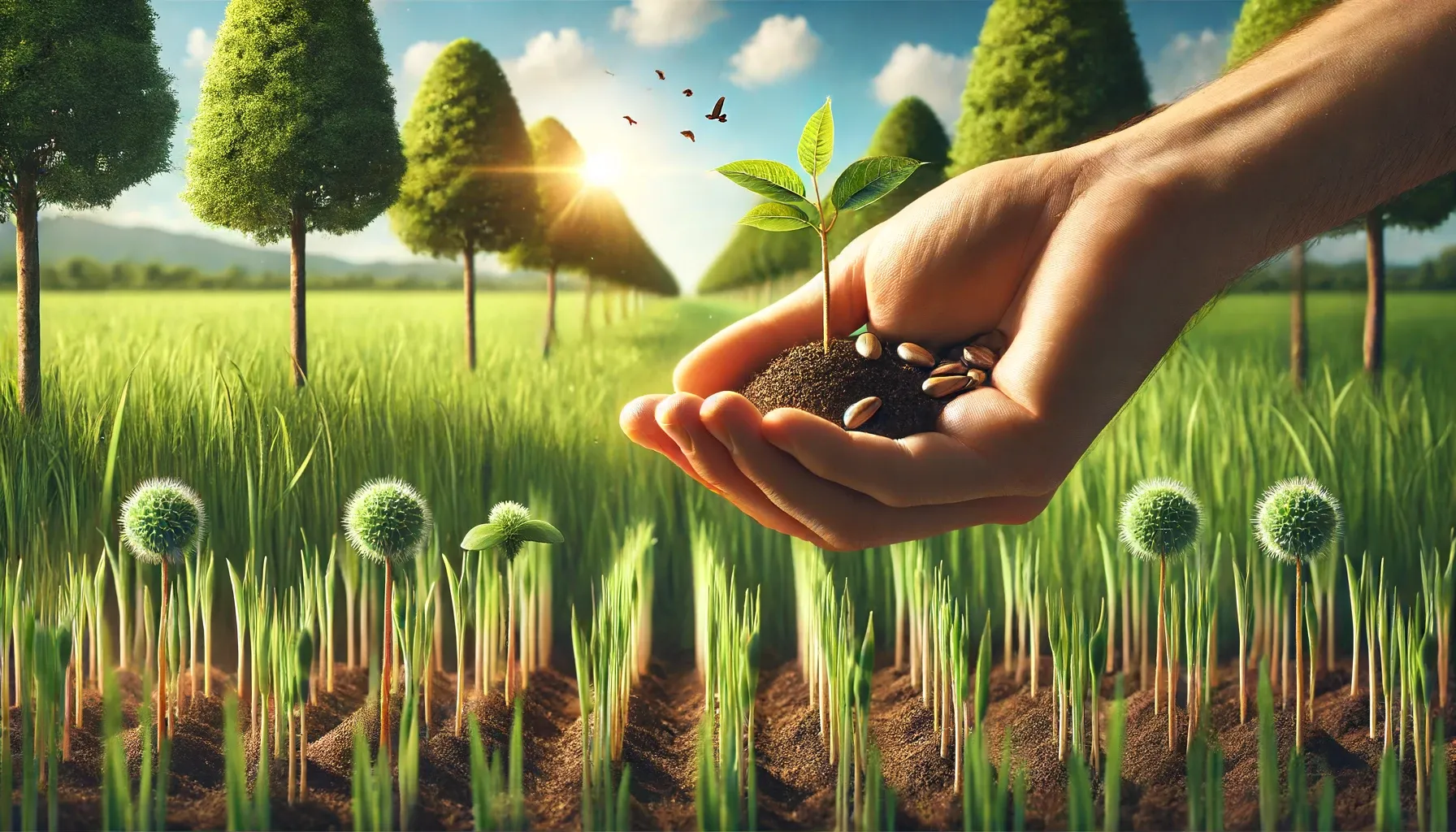 Hand holding soil with a sprout, representing sustainability, environmental conservation, and efforts to save the planet.