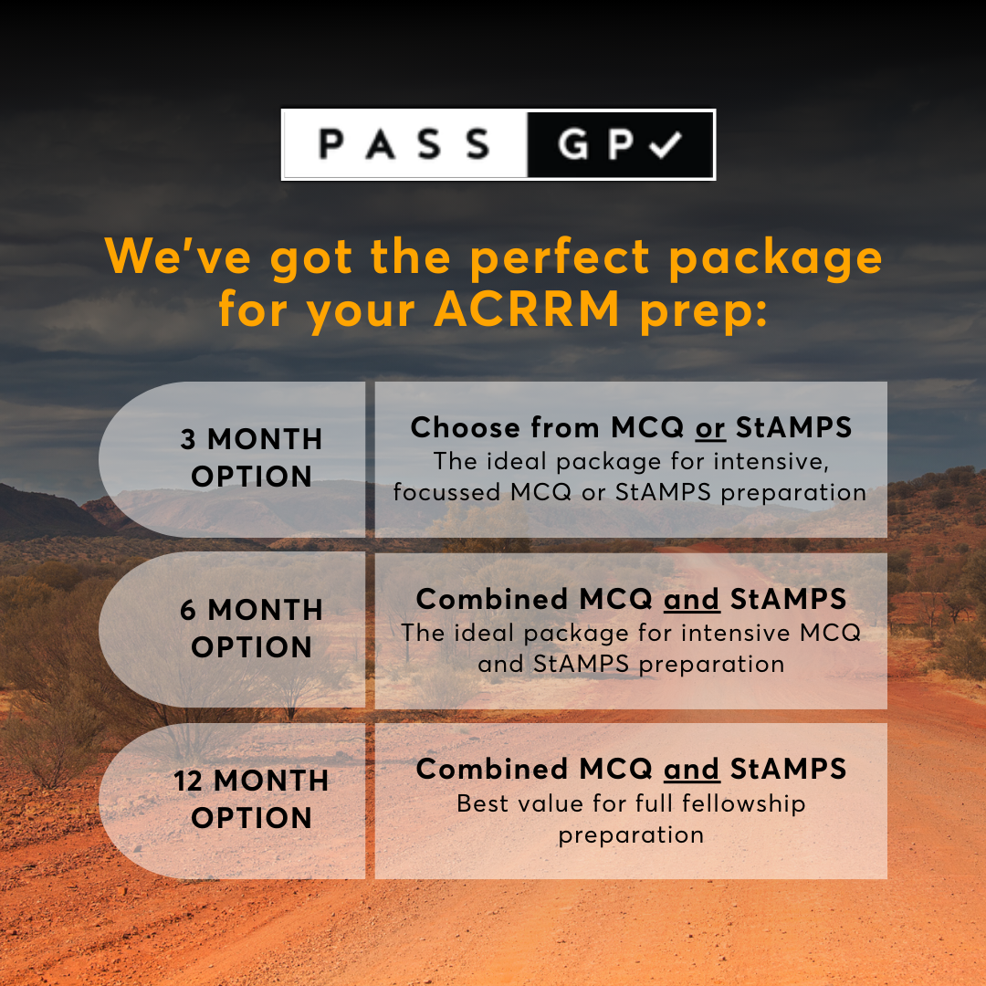 ACRRM StAMPS exam preparation framework showing clinical reasoning under pressure, structured examination technique, examiner-focused questioning, blueprint-mapped scenarios, and flexible access via the PassGP app