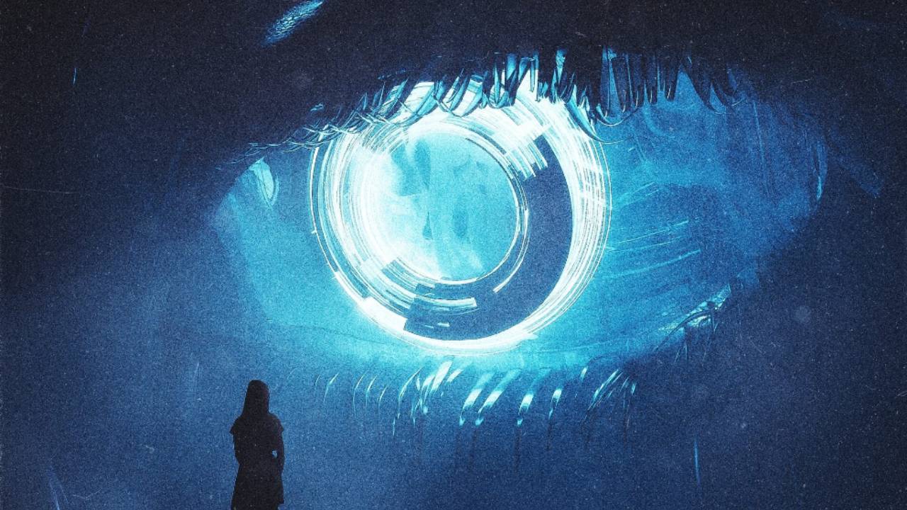 A figure before a vast glowing eye