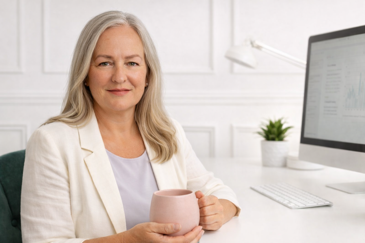 pic of Tania Gorry wearing a linen 3/4 sleve white jacket, lilac silk top, silver hair, hugging a pink ceramic mug, white desk, white panelled walls, Apple desktop computer, semi smiling looking face on to help you