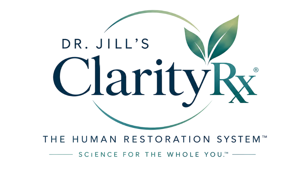 ClarityRx logo with clean black lettering and two upward-pointing green leaves over the 'Y' and 'R'; represents Dr. Jill’s natural and holistic supplement line.