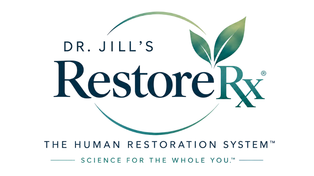 ClarityRx logo with clean black lettering and two upward-pointing green leaves over the 'Y' and 'R'; represents Dr. Jill’s natural and holistic supplement line.