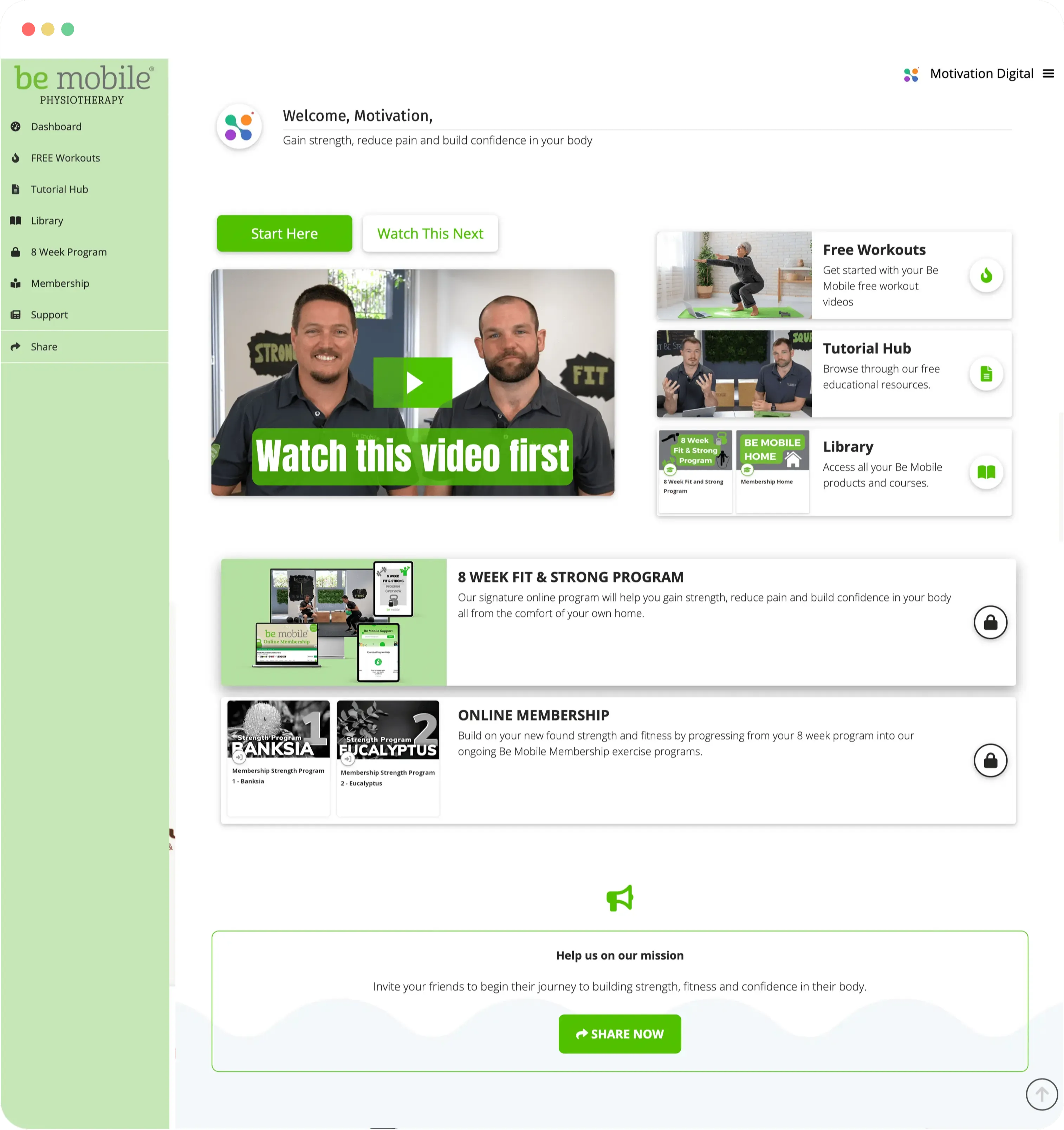 Website & mobile design London | Dashboard with cards, sidebar menu and video block of online physiotherapy company