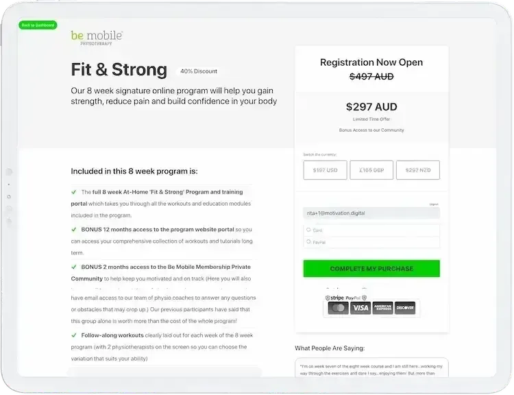 Be Mobile's 'Fit & Strong' program checkout page.
