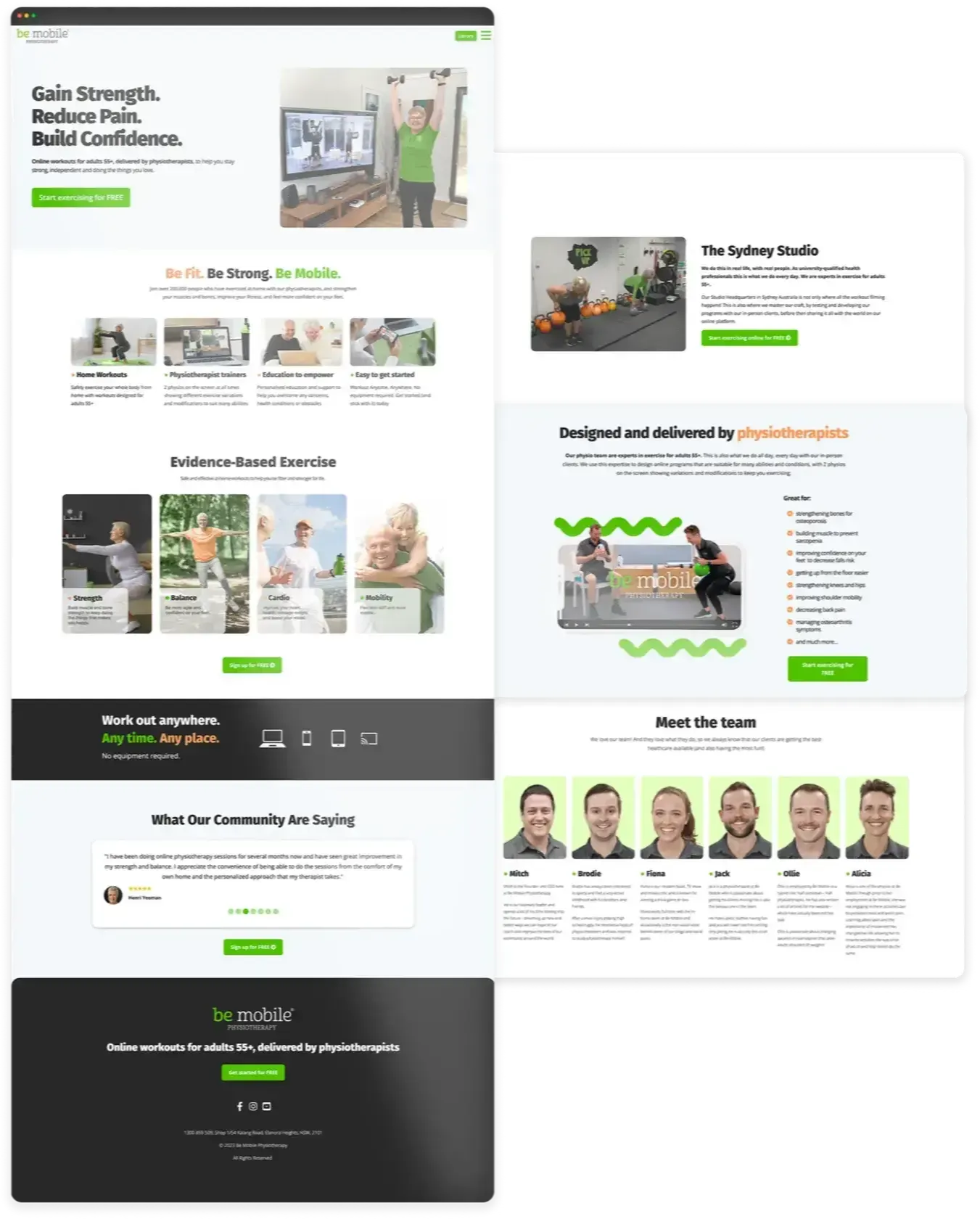 A long page displays the 'Be Mobile' website in a well-organized layout utilizing text blocks, graphics and a brand colour scheme with green, orange, black, and white. 