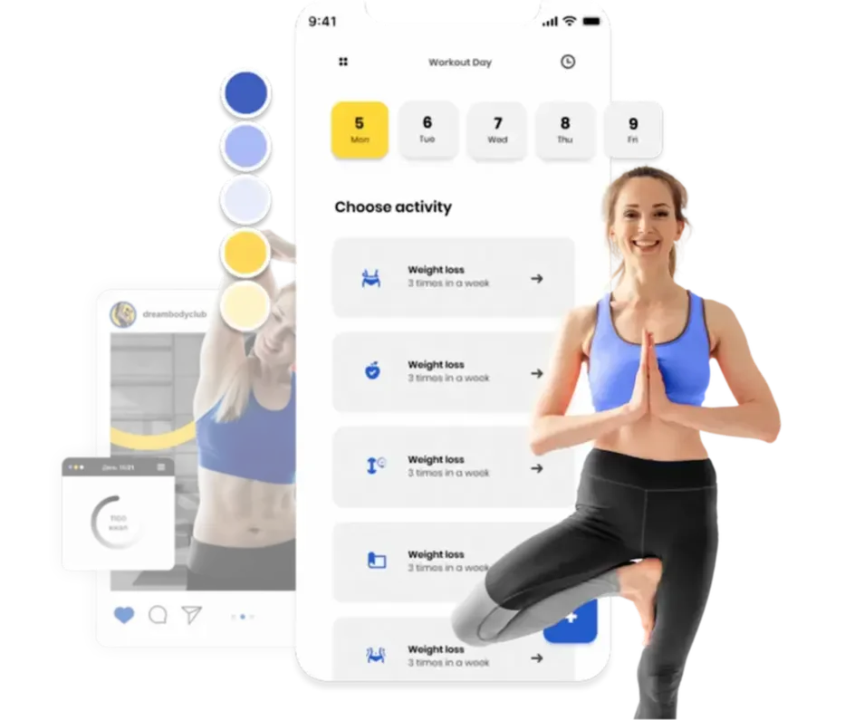 Two smartphones and a woman doing yoga. The left phone shows a social media post from 'dreambodyclub' with a woman exercising and a calorie count. Next to it is the branded colour palette. The right phone displays the website interface with a calendar marked 'Workout Day' and options to 'Choose activity'. 