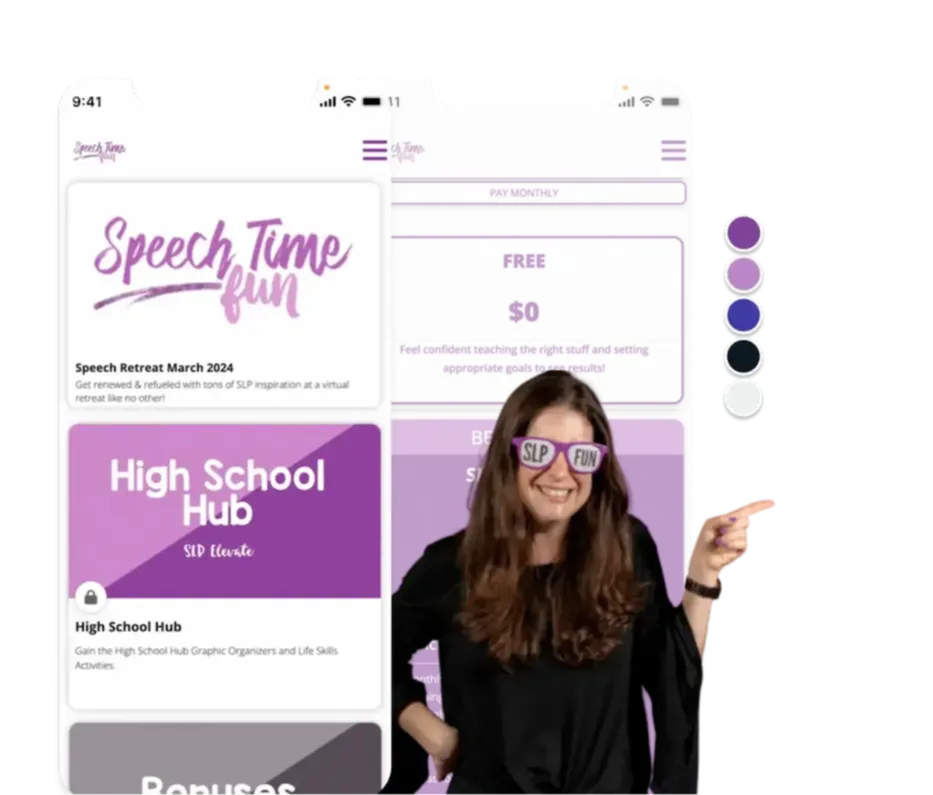Two smartphone screens showcase the Speech Time Fun website pages with purple-themed graphics. Next to them is the branded colour palette. On the front, a woman is wearing a black shirt with 'SLP FUN' written on her sunglasses.  
