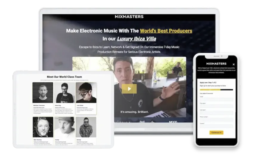 Laptop, Ipad and mobile displaying the 'Mixmasters' different pages interface with a dark theme 