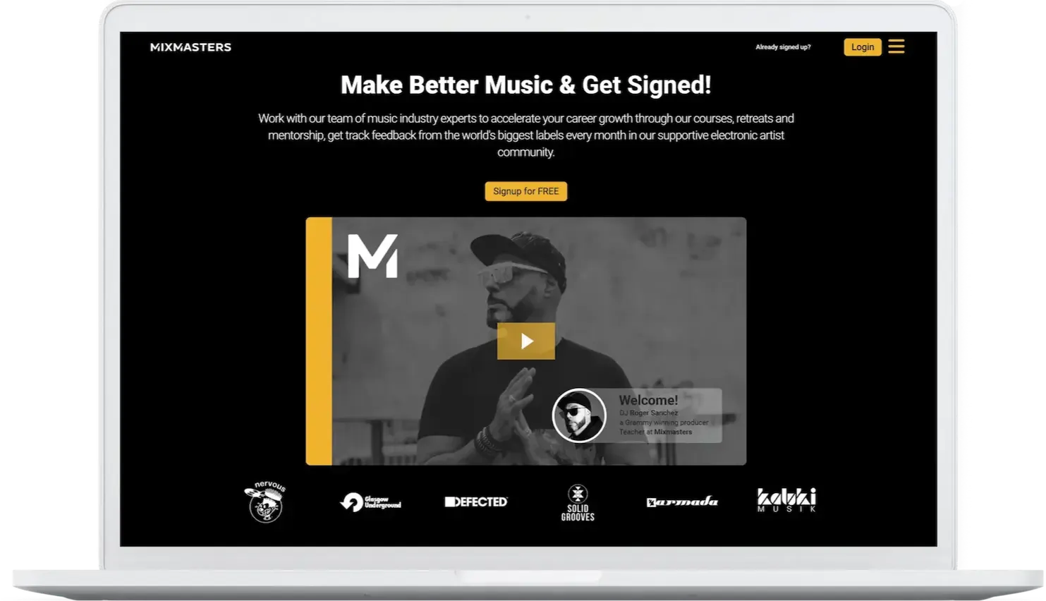 A laptop screen displays the 'Mixmasters' home page in a well-organized design.