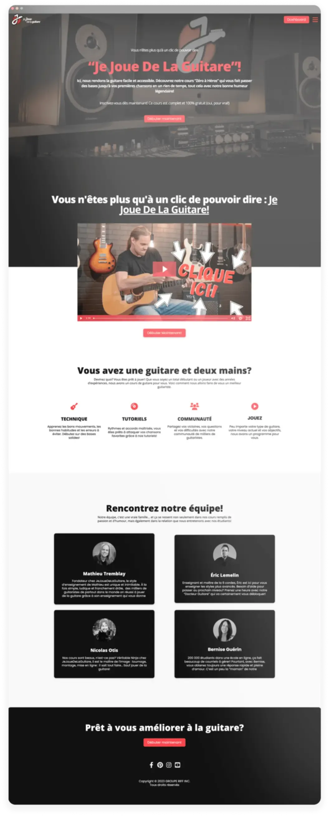 A long page displays the 'Jejouedelaguitare' website in a well-organized layout utilizing text blocks, graphics and a brand colour scheme with black, red, and white. 
