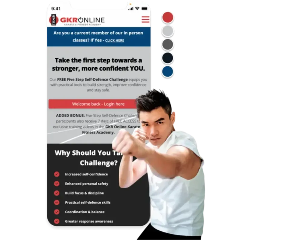 Smartphone of the landing page of GKR Karate site