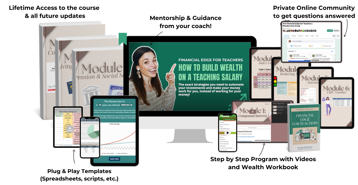 Online investing course for teachers – Financial Edge for Teachers modules and workbook mockup.