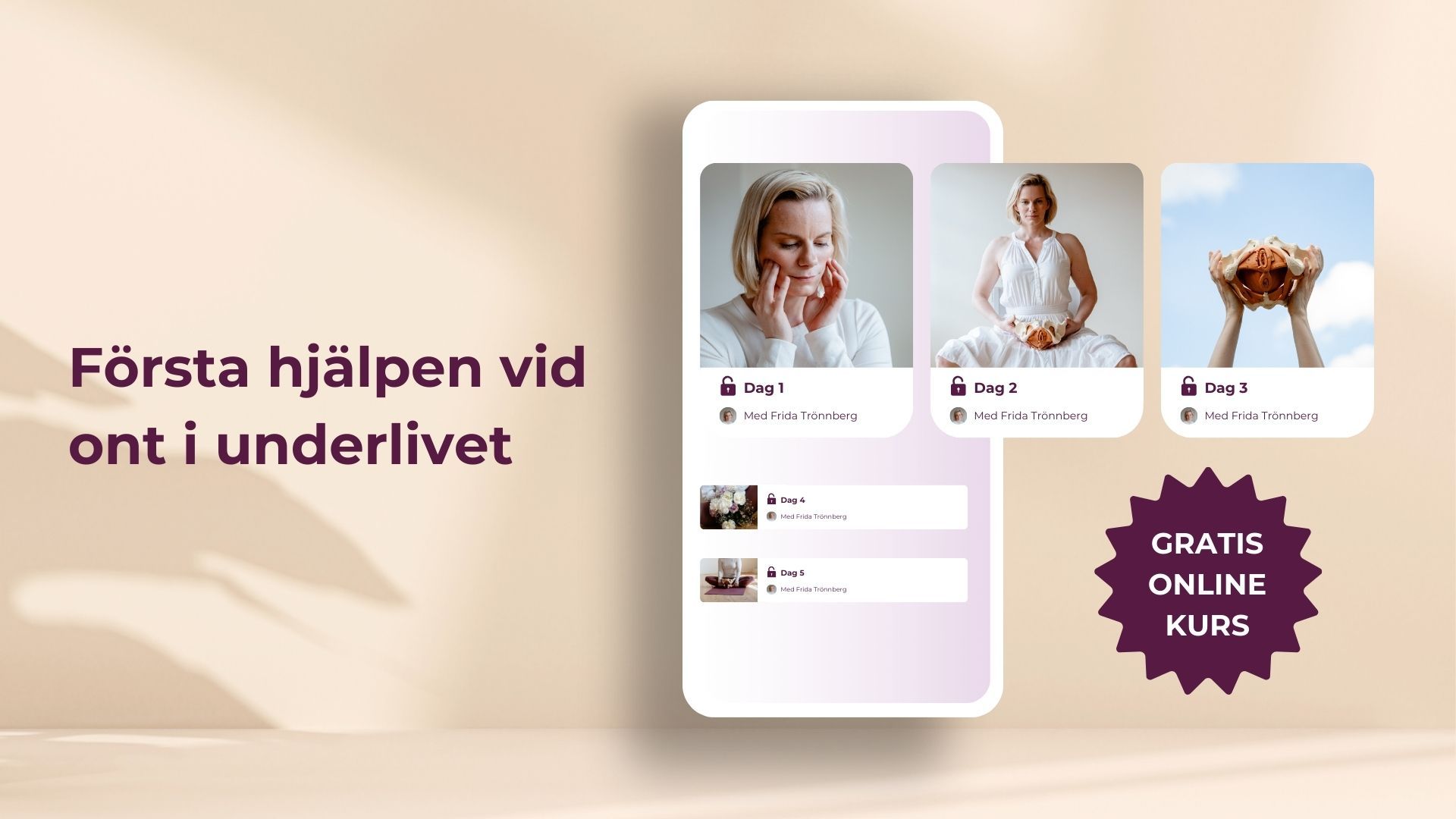 Anatomisk modell av kvinnlig bäckenbotten liggande på en yogamatta – används för att undervisa om vulvodyni, spänd bäckenbotten och smärta i underlivet.