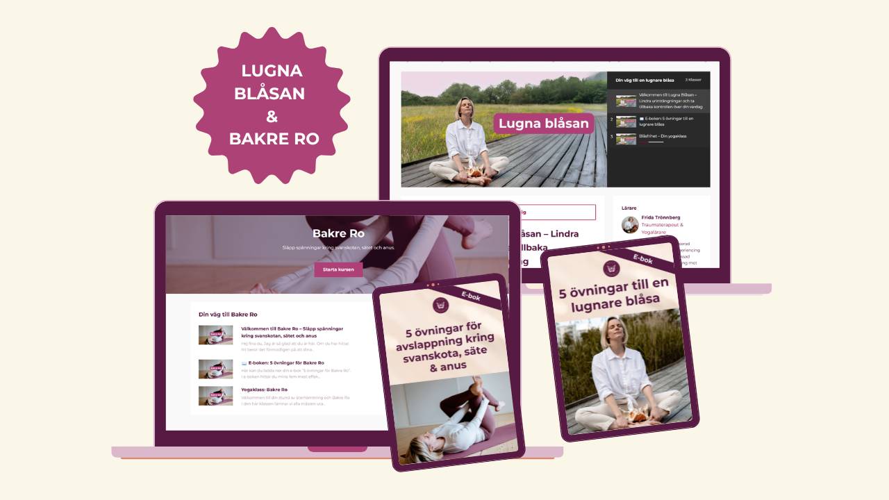 Frida Trönnberg sitter på yogamatta framför en laptop med en bäckenmodell bredvid sig – undervisar online om spänd bäckenbotten, vulvodyni, underlivssmärta och nervsystemets roll i läkning.