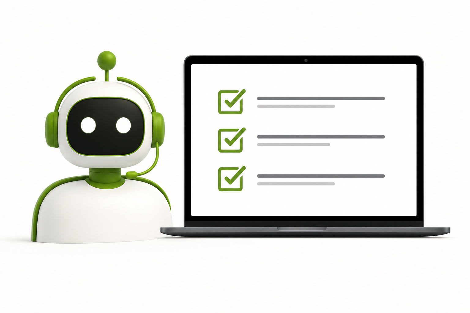 Robot verde con laptop e checklist del Professional Kit MyEstimate