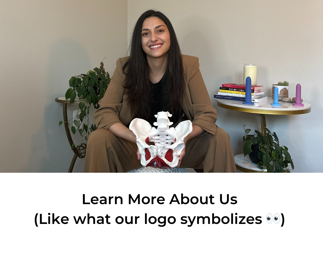 Picture of Gina smiling holding a pelvic model. Text under reading: "Learn More About Us (Like what our logo symbolizes 👀)