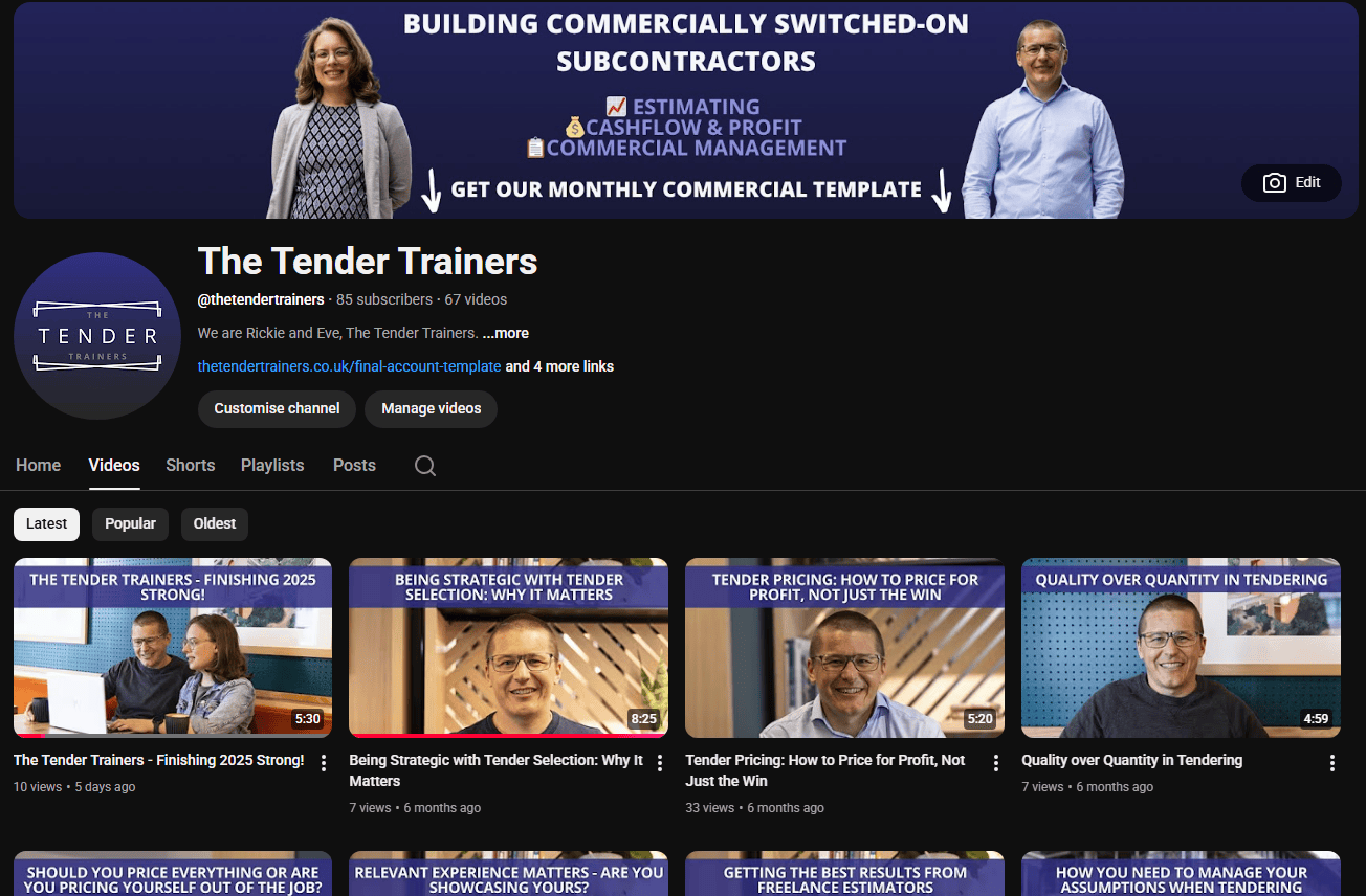 Image of The Tender Trainers YouTube channel home page