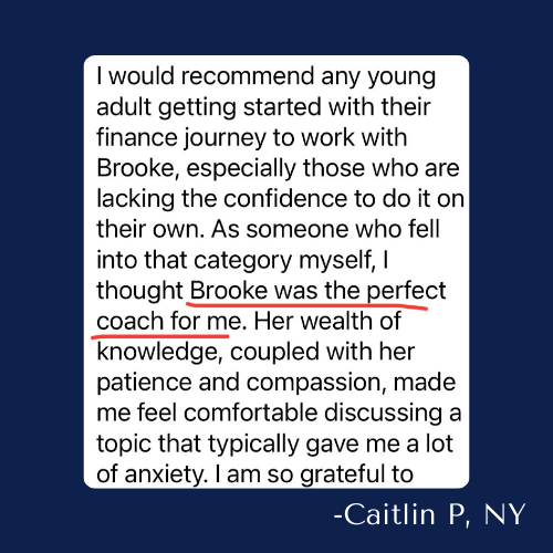 testimonial from new york resident caitlin on finally being comfortable discussing money after it gave her anxie
