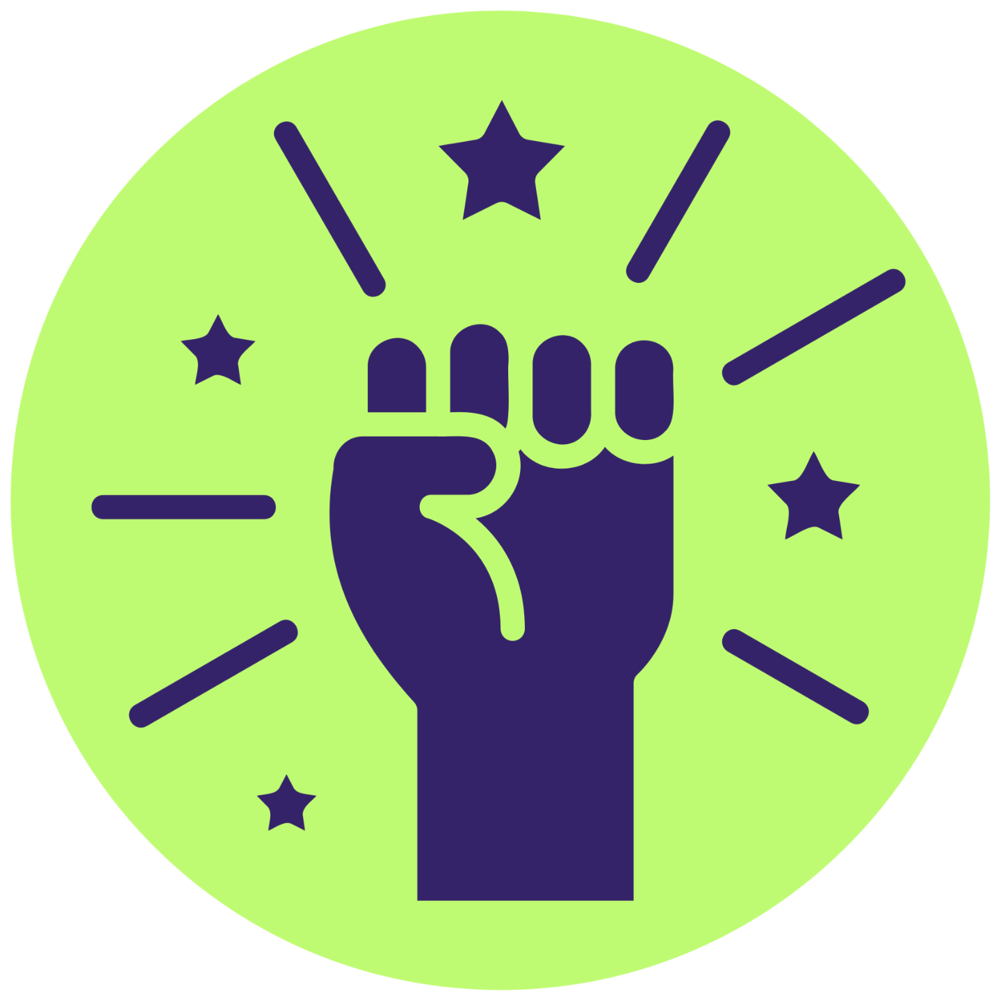 Icono morado de una mano con estrellas en fondo verde