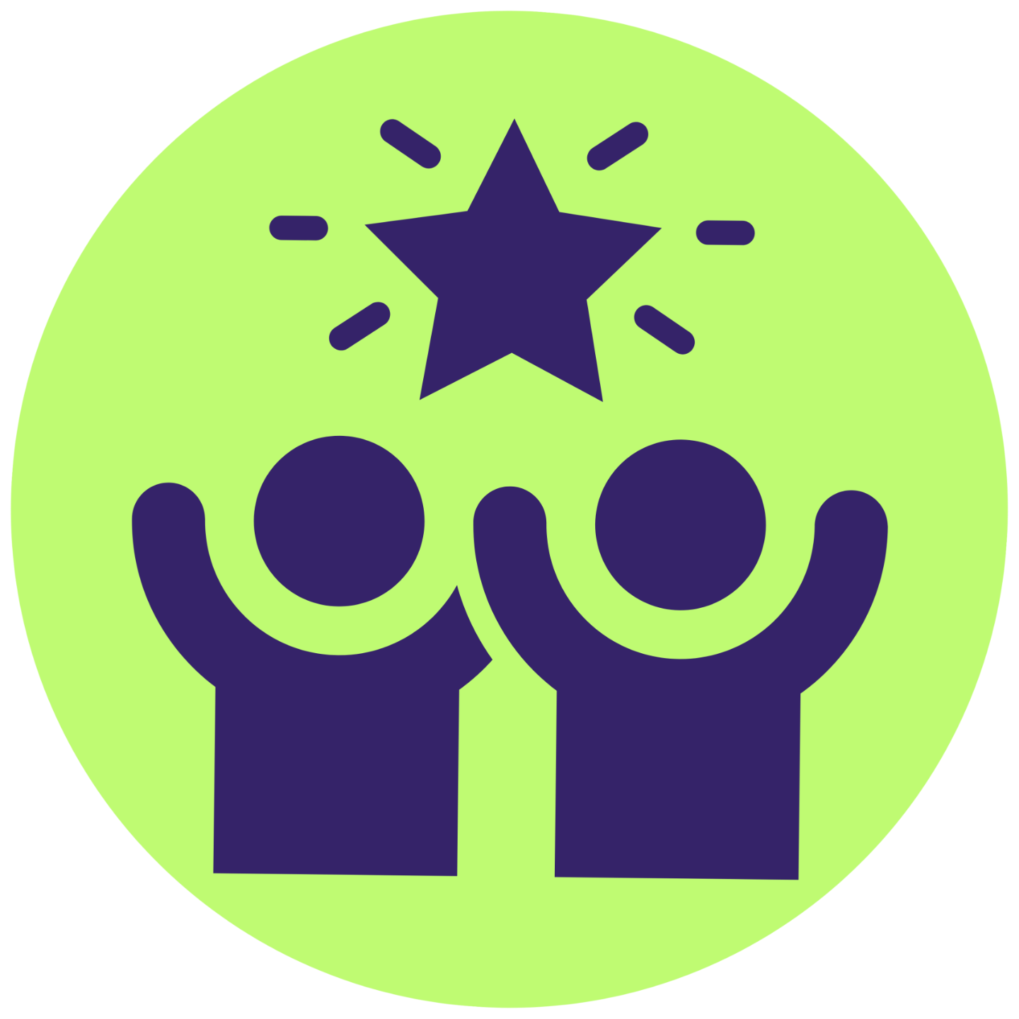 Icono morado dedos personlas celebrando con un icono de estrella en fondo verde