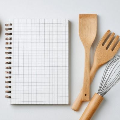 Baking production planning notebook with whisk and tools representing business systems.