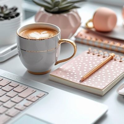 Calm workspace with coffee, laptop, and planner representing high-performance baking mindset.
