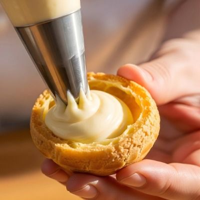 Pastry chef piping crémeux into a choux bun using professional technique.
