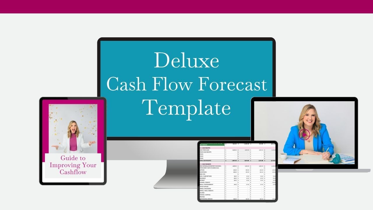 Customizable sections of the Deluxe Cash Flow Template for tracking business revenue and personal expenses on a daily, weekly, and monthly basis