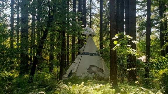 Tipi in the forest at glamping retreat in Oregon