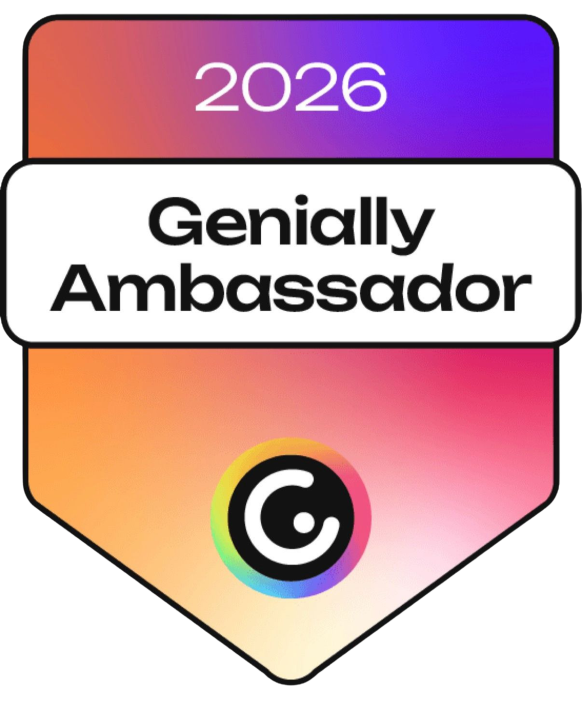 A blue badge with the text "2023 Genially Ambassador" and a stylized icon resembling a sun and a letter "G" inside.