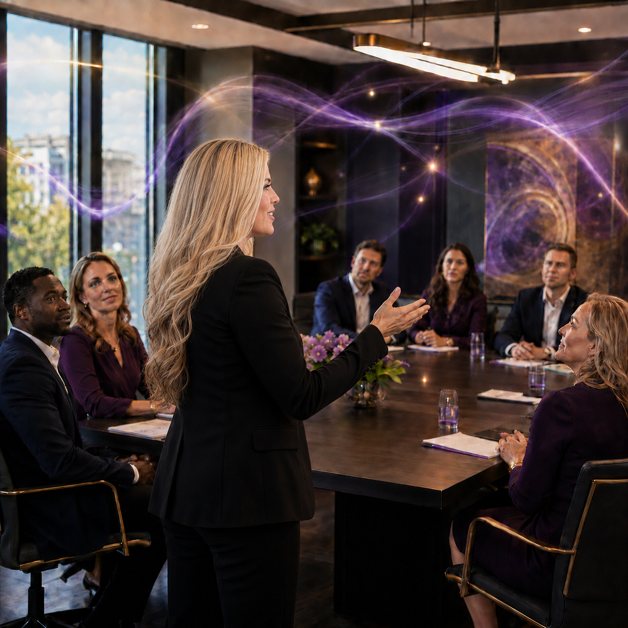 Lindsay Goodwin presenting an in-person Conscious Leadership workshop to business leaders seated around a conference table, surrounded by purple-and-gold frequency energy
