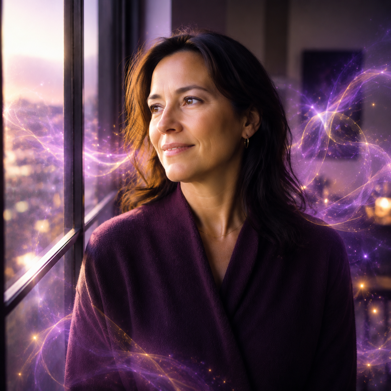 Woman smiling beside a window as luminous purple-and-gold frequency waves surround her, symbolizing self-mastery and renewed inner clarity