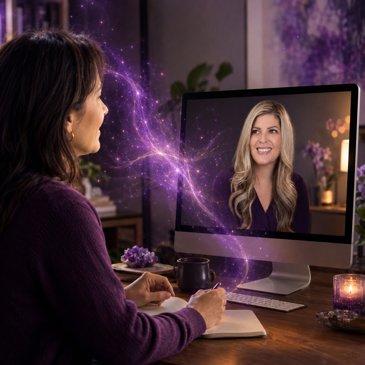 Woman participating in a virtual consciousness intensive session with Lindsay Goodwin as purple-and-gold frequency light flows around the computer