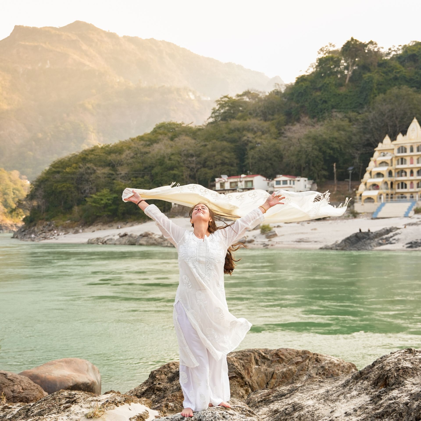 Catherine Wetenkamp in goddess pose with flower crown