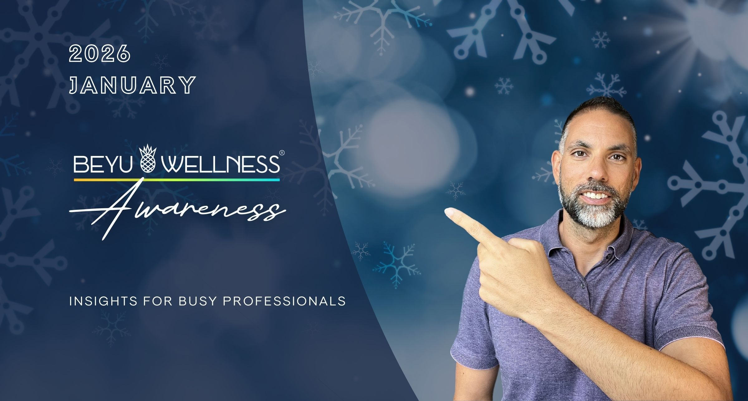 BeYu Wellness Awareness January 2026 banner featuring Benan Yuceer pointing toward the newsletter title, offering career, mindset, and wellness insights for busy professionals.