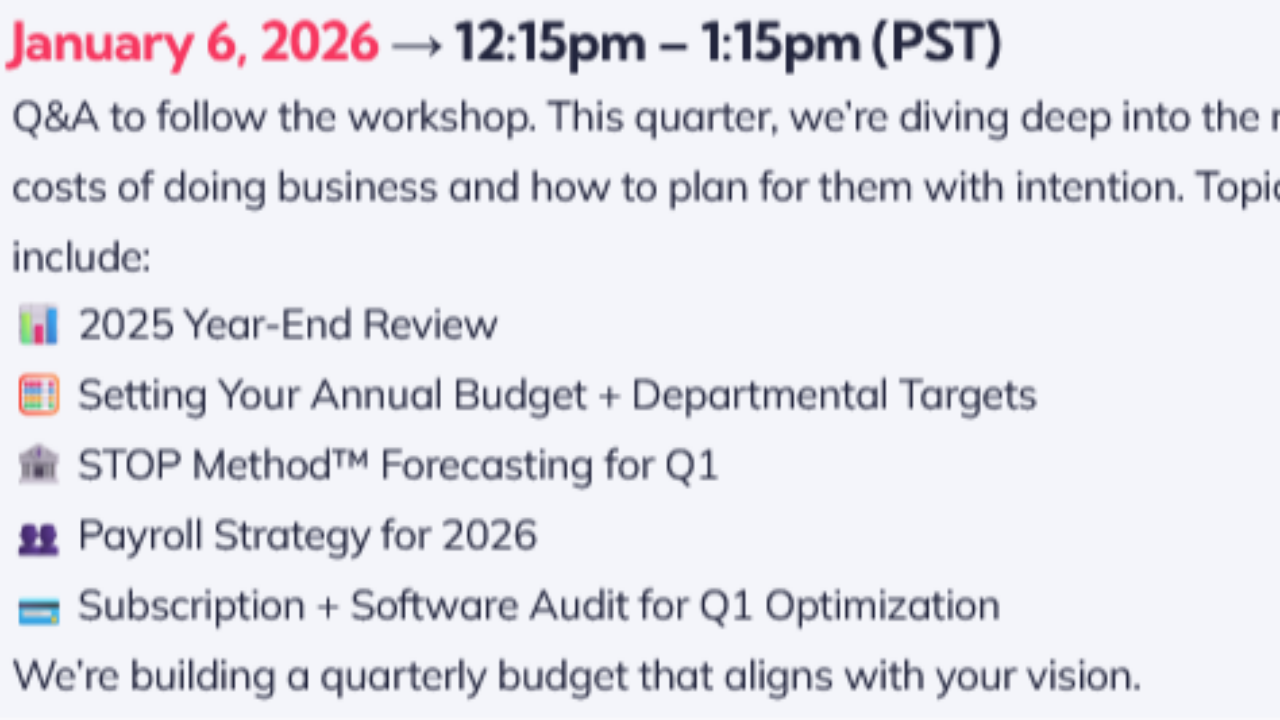 Agenda for weekly coaching with Crystal