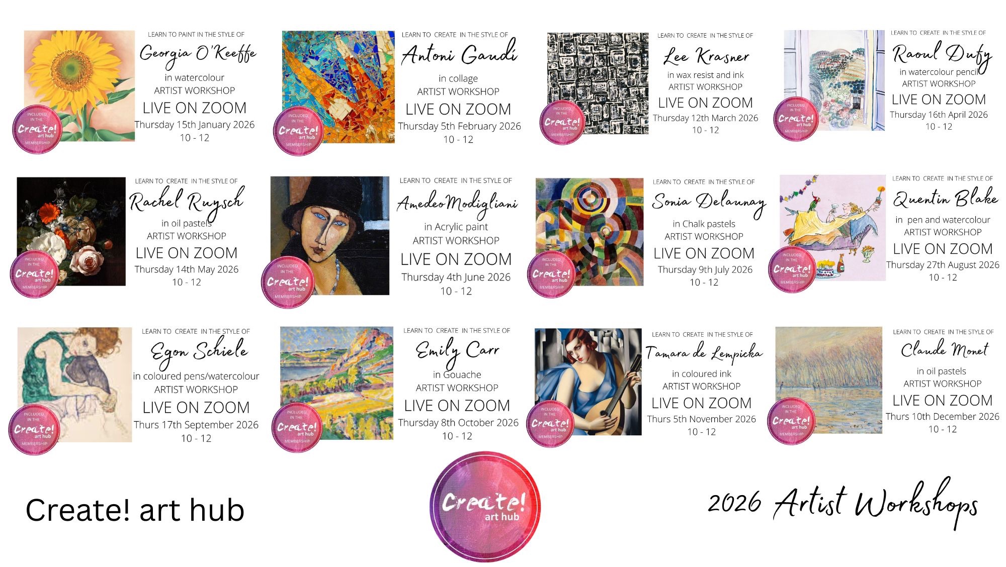 Create Art School’s 2025 Zoom workshop lineup featuring 12 artists in varied styles like pastel, ink, paint, and collage