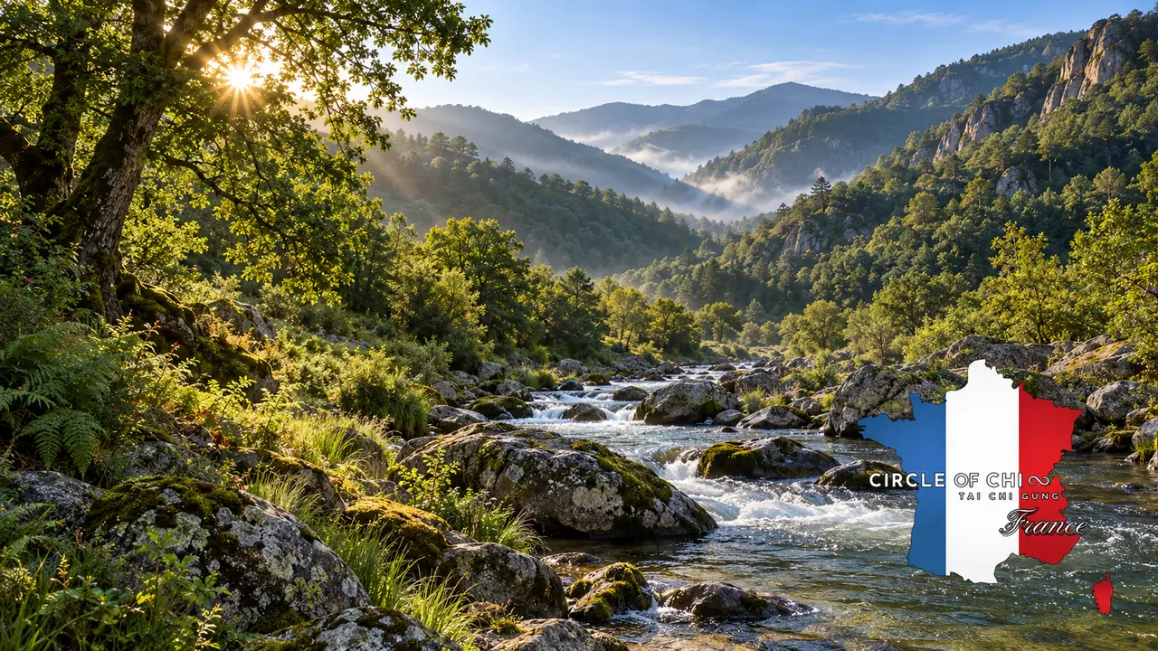A beautiful picture of the French countryside, with a stream flowing in the center.