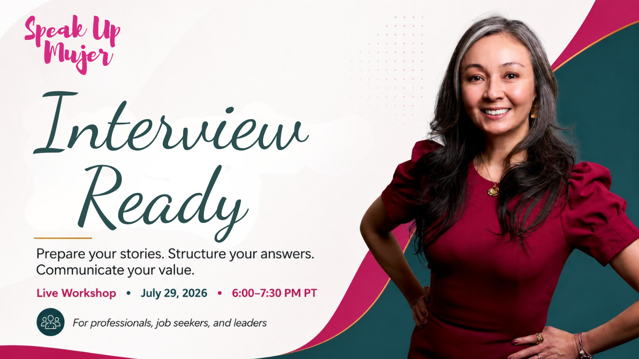 Amplify Your Voice Public Speaking On Demand Virtual At Your Pace program for Latinas Mujeres Women first generation first gen professionals and business women to improve their public speaking skills and do a way with their fears of speaking up and feel more confident