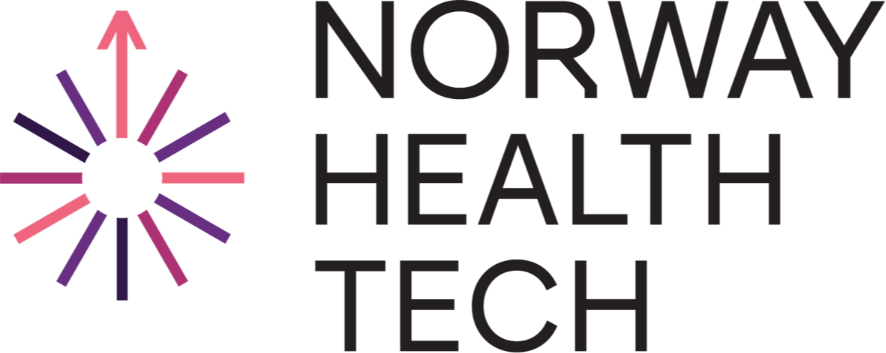 The Norway Health Tech logo. It features a stylized starburst symbol on the left with arrows pointing outward in shades of pink and purple. The words "NORWAY HEALTH TECH" are stacked to the right in a dark gray capital letter font.