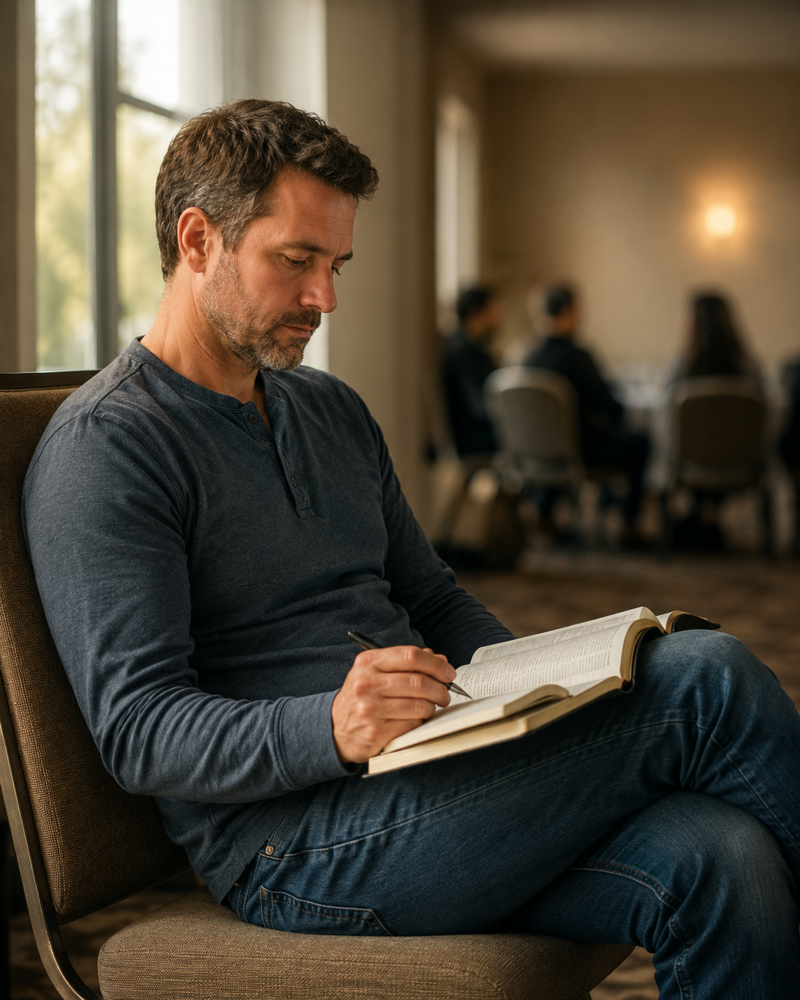 Man quietly reflecting with an open Bible and notebook during a conference