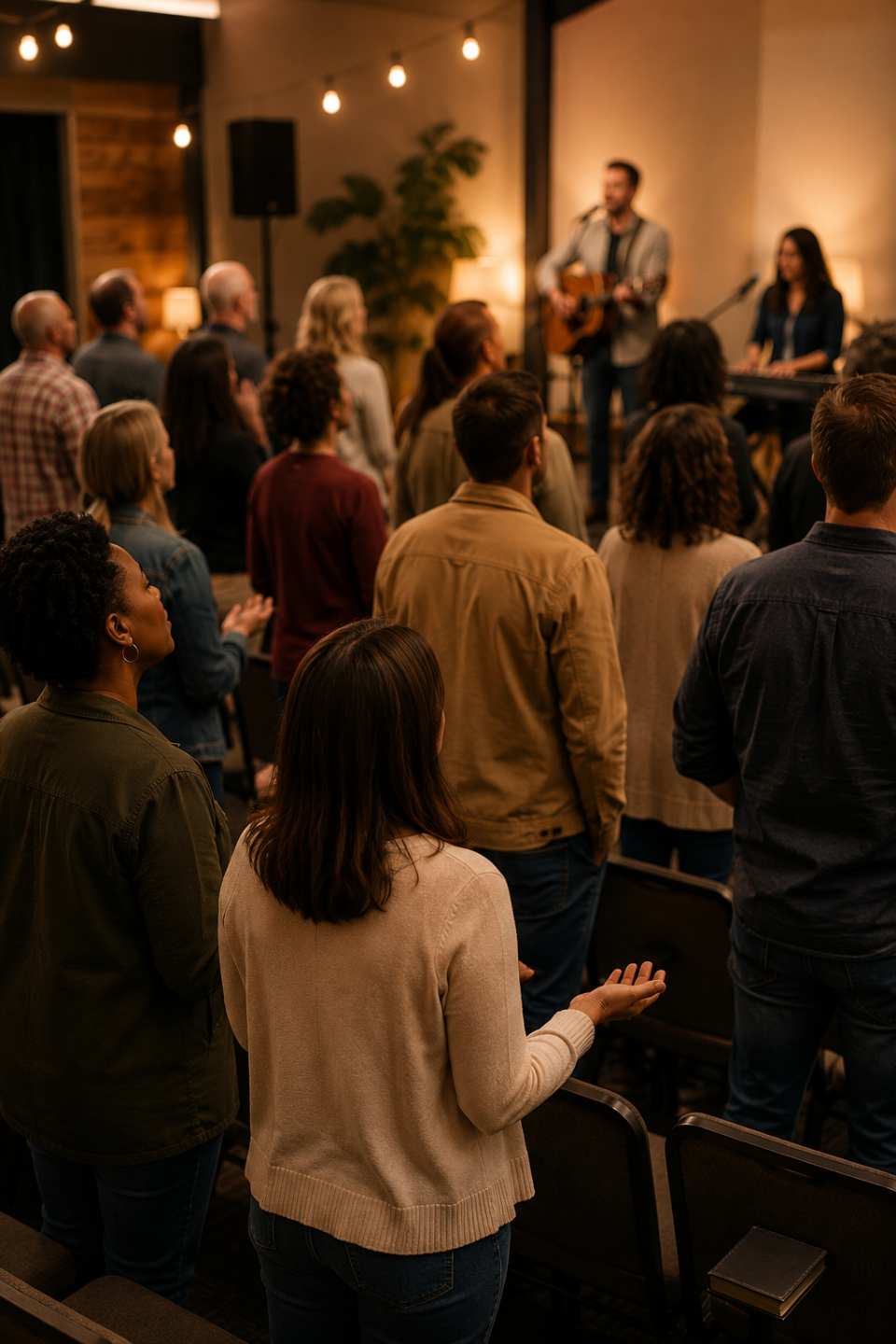 Conference attendees worshiping together during Friday evening