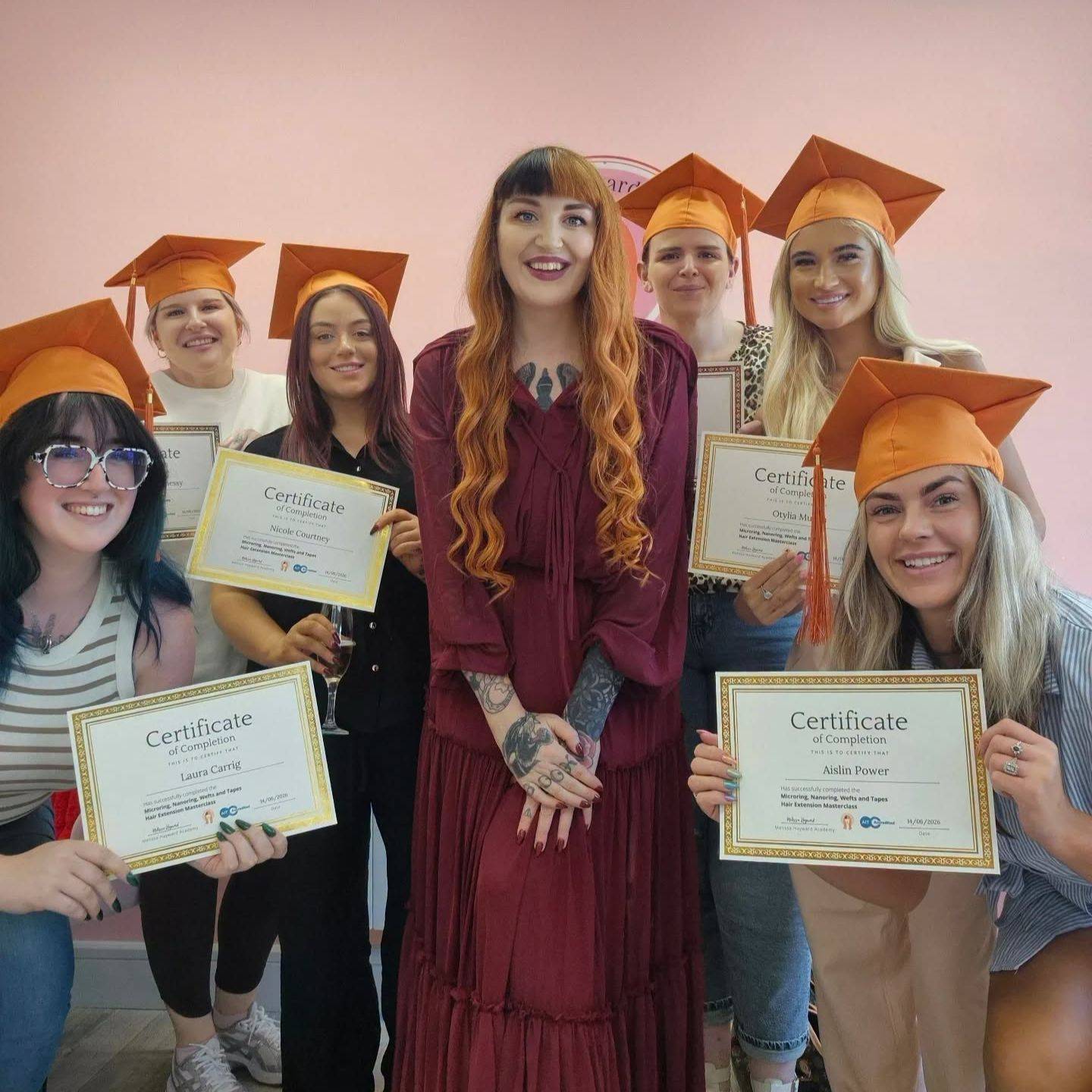 Melissa Hayward with her hair extensions training students, Ireland