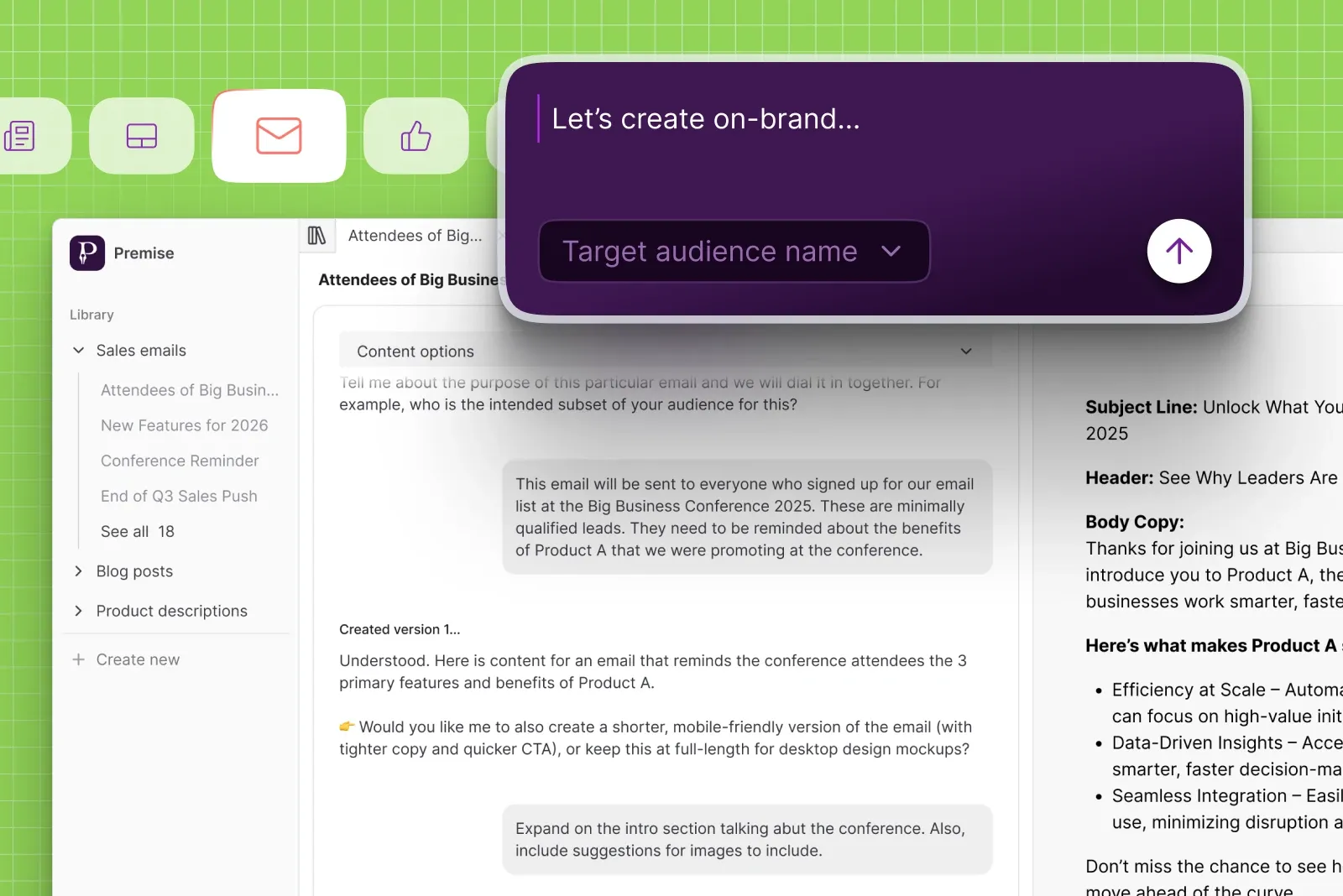 Premise, dedicated copywriter interface
