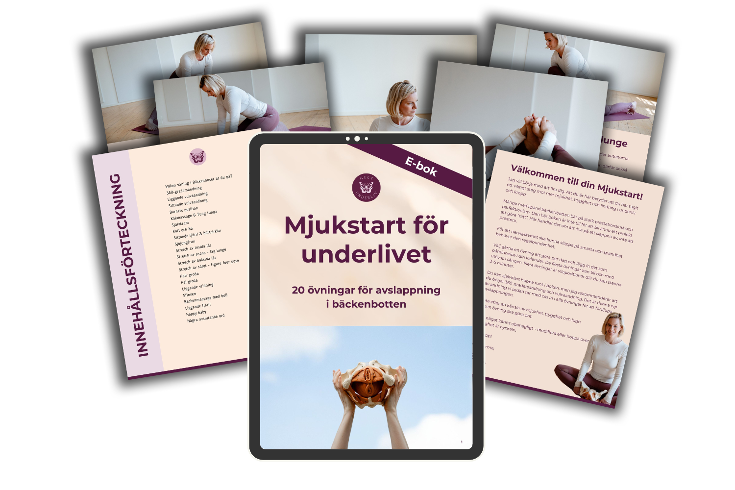 En modell för bäckenet ligger på en lila yogamatta med reflektion från fönstret