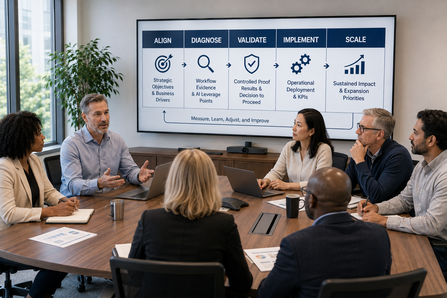 Consultant explaining the ADVIS Implementation Framework used to create high performance with AI.