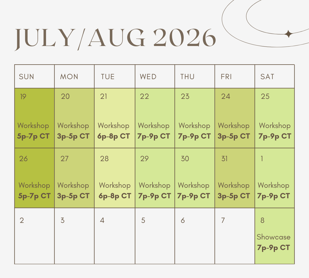 Calendar graphic. July 2025 including workshop days and times.