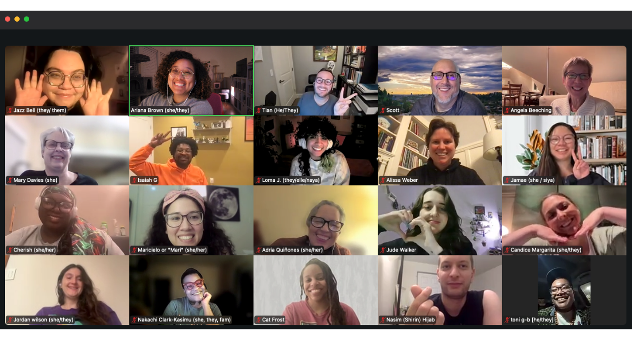 Screenshot of a Poets Garden Zoom meeting with 20 smiling participants, mostly people of color who look hype to be together